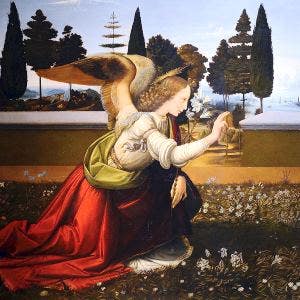 The Annunciation with iconic Italian trees Leonardo da Vinci's The Annunciation