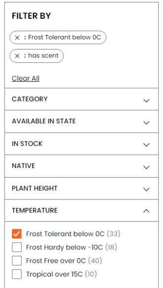 Australian Plants Filter Menu